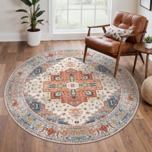 BEIMO Tapis Salon Rond 120cm Vintage Lavable, Antidérapant Poil Ras