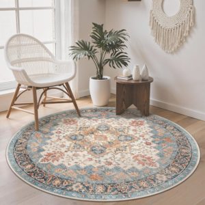 GENIMO Tapis Rond Vintage Lavable pour Salon 120cm Bleu Corail, Poils Courts et Dos Antidérapant
